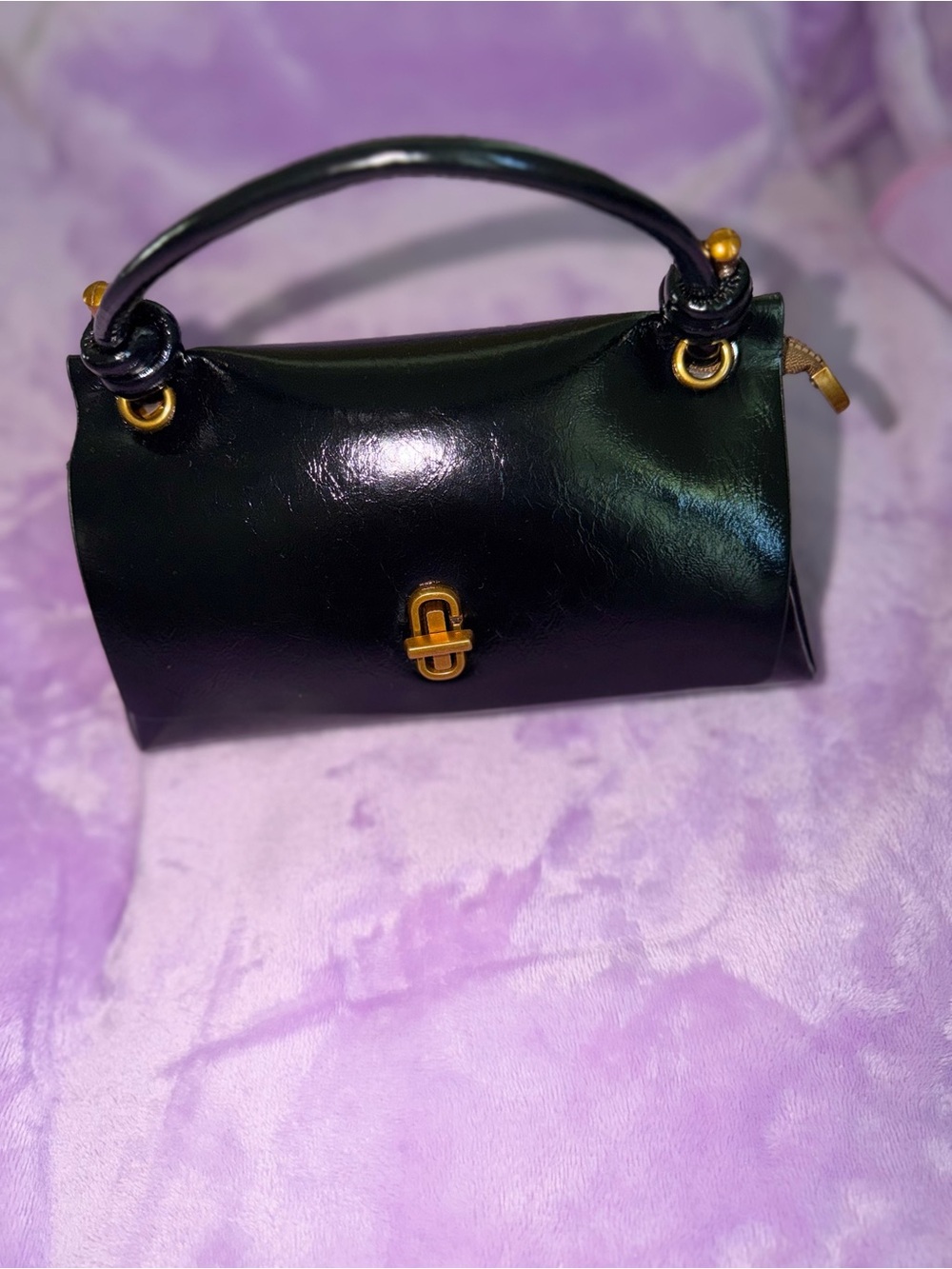Black Leather Top-Handle Shoulder Bag with Gold Accents - Picture 3 of 4